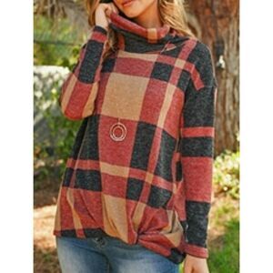 X-Large Sweater Plaid Cowl Neck front Knot NWOT
